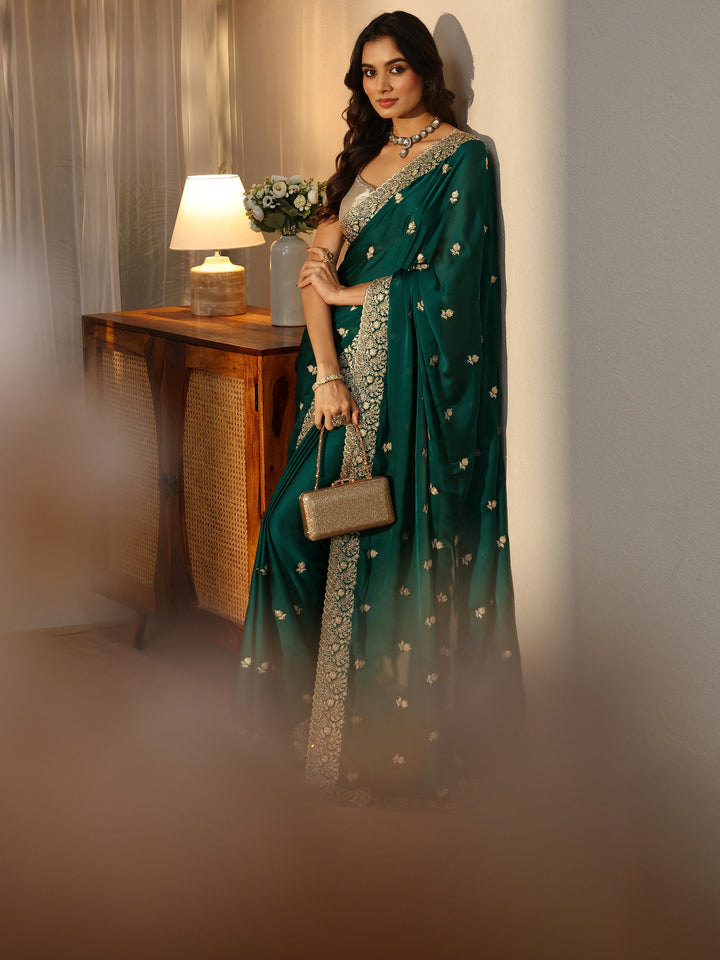 Bottle Green Floral Embroidered Chiffon Saree