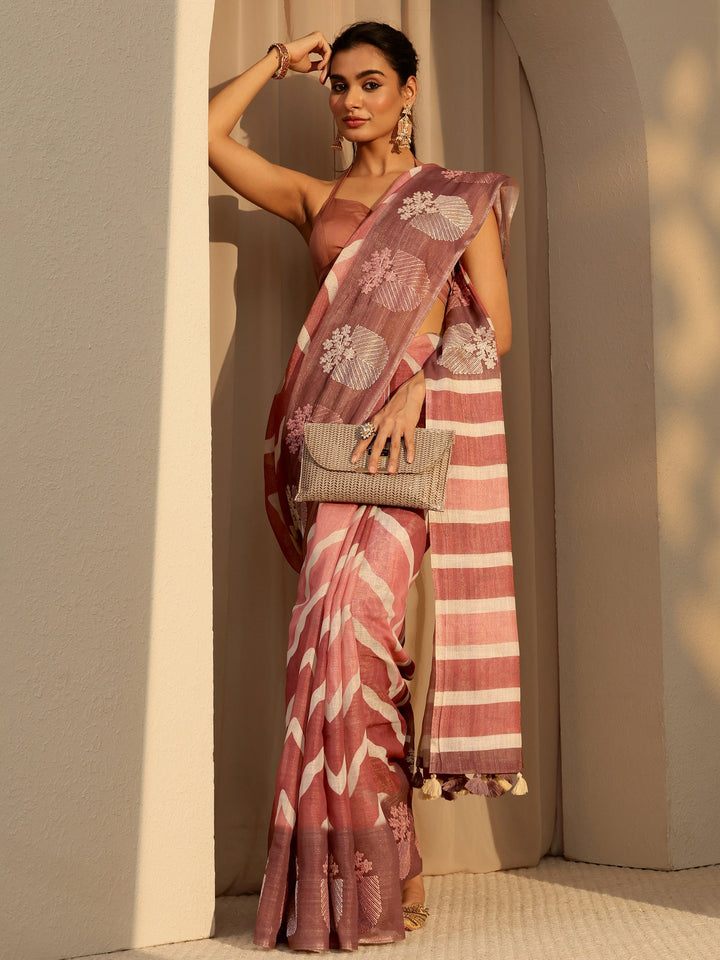 Libas Brown Chevron Printed Cotton Blend Saree