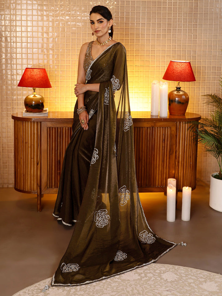 Libas Brown Embellished Silk Blend Saree