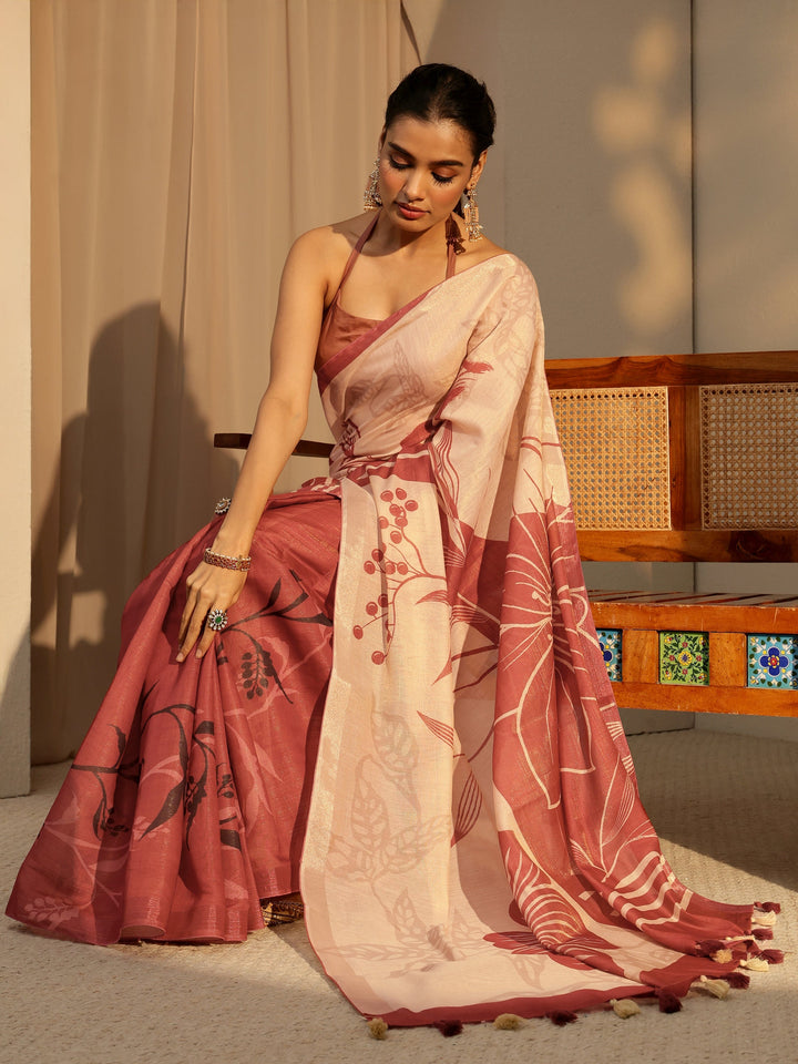 Libas Brown Floral Printed Cotton Blend Saree