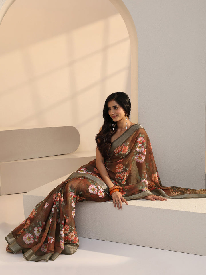 Libas Brown Floral Print Cotton Blend Saree