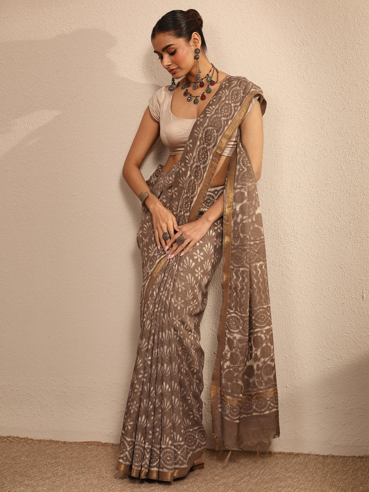 Brown Ikat Printed Cotton Saree With Unstitched Blouse Piece