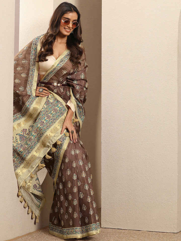 Brown Printed Silk Blend Saree With Unstitched Blouse Piece