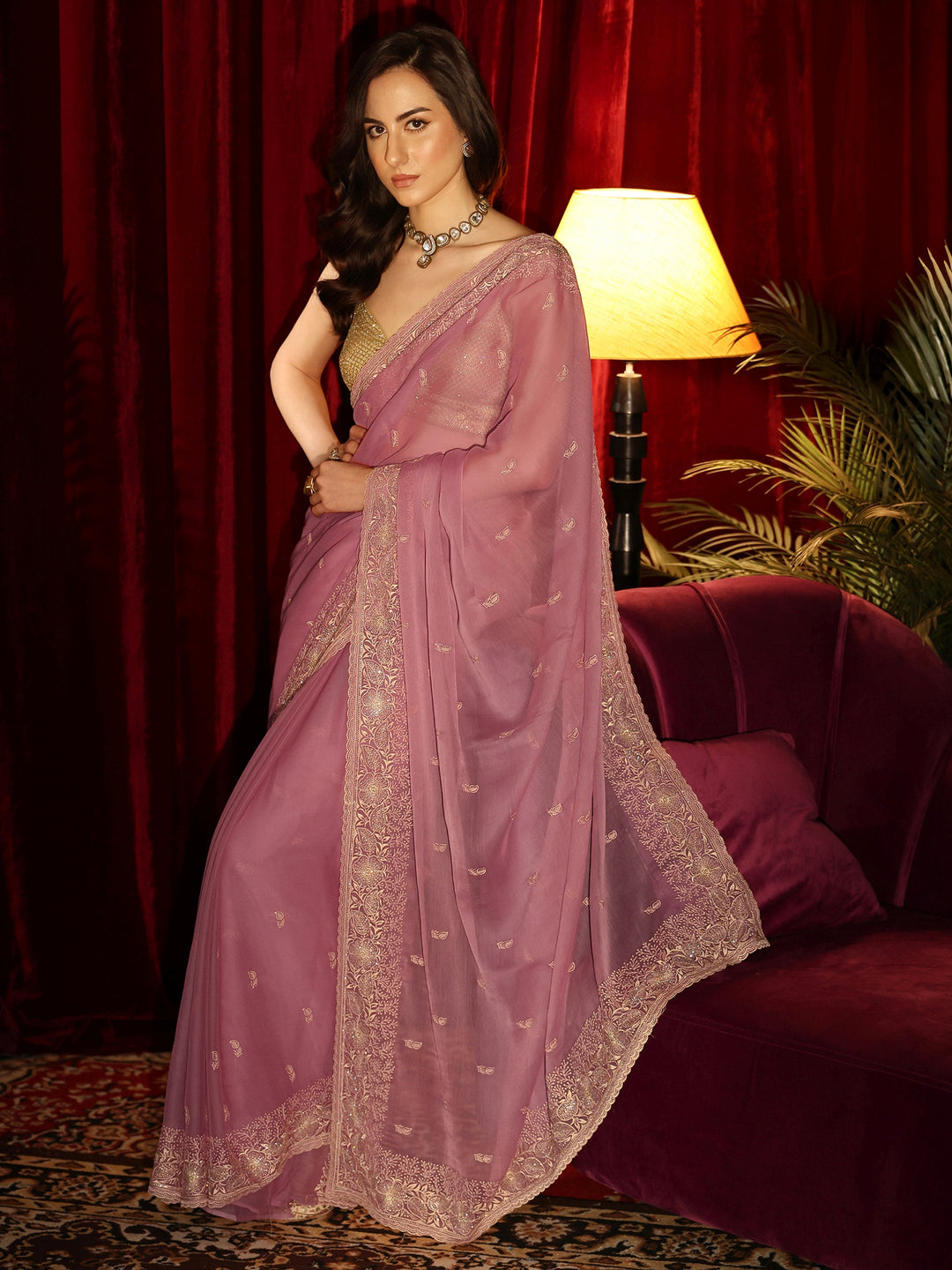 Libas Bubblegum Pink Chiffon Saree with Floral Border