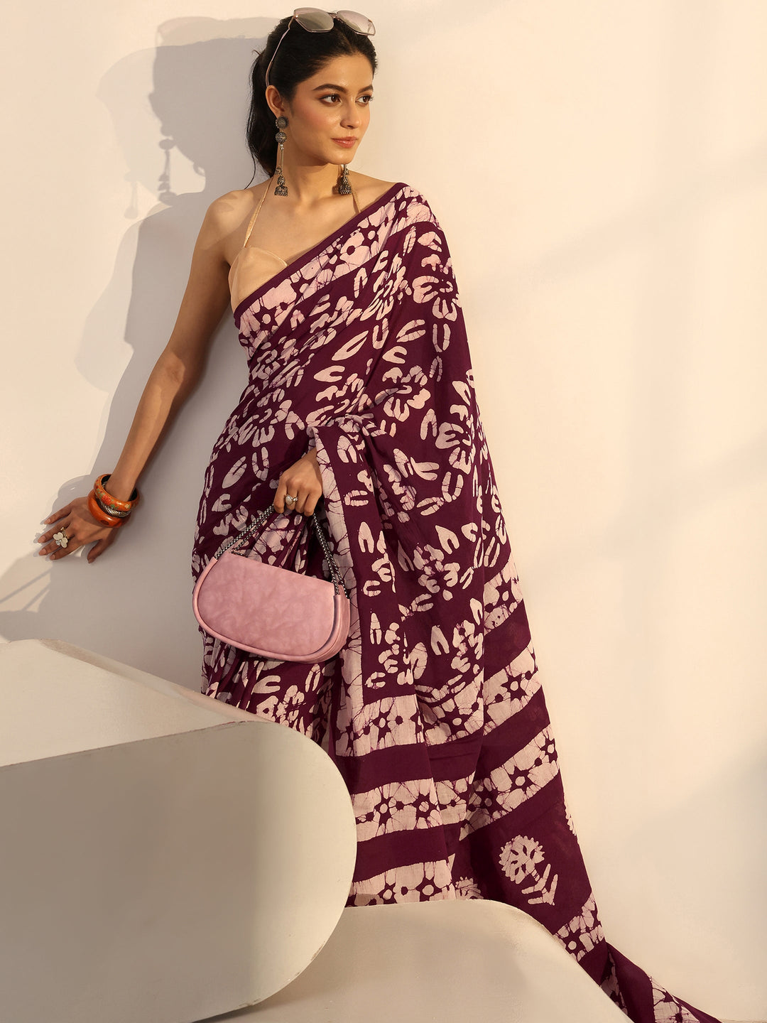 Burgundy Batik Print Cotton Saree