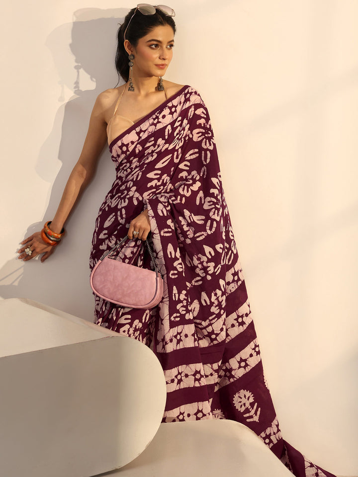 Libas Burgundy Batik Print Cotton Saree