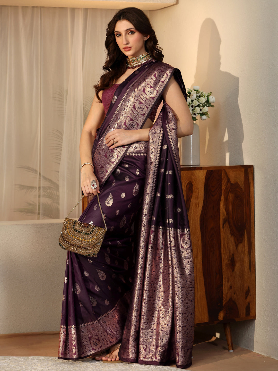 Libas Burgundy Banarasi Silk Blend Saree