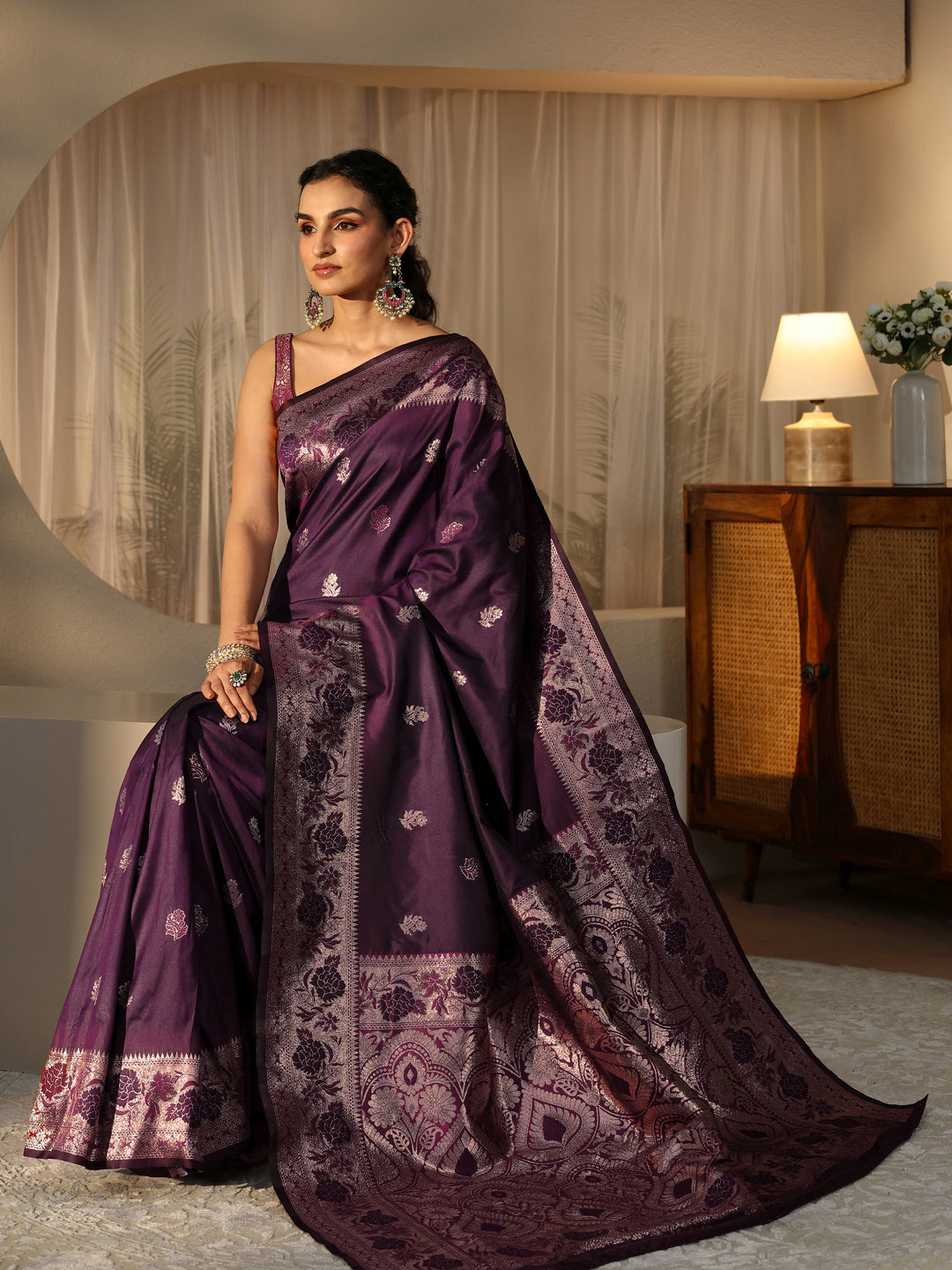 Libas Burgundy Banarasi Silk Blend Saree