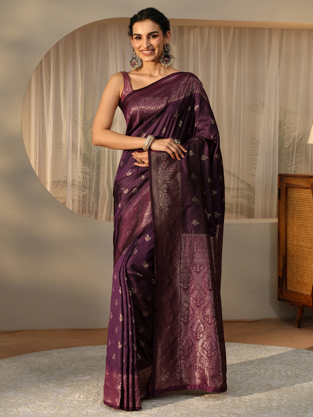 Libas Burgundy Banarasi Silk Blend Saree