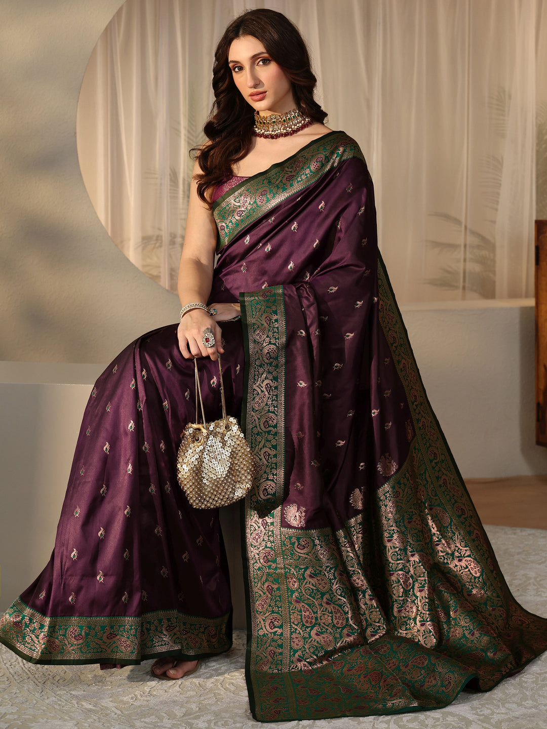 Libas Burgundy Banarasi Silk Blend Saree