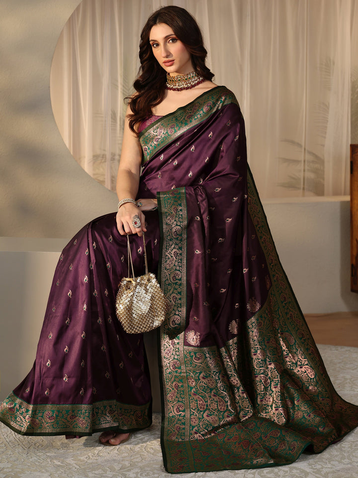 Libas Burgundy Banarasi Silk Blend Saree