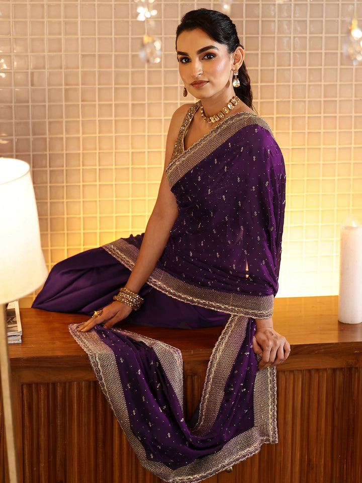 Libas Burgundy Embellished Chiffon Saree