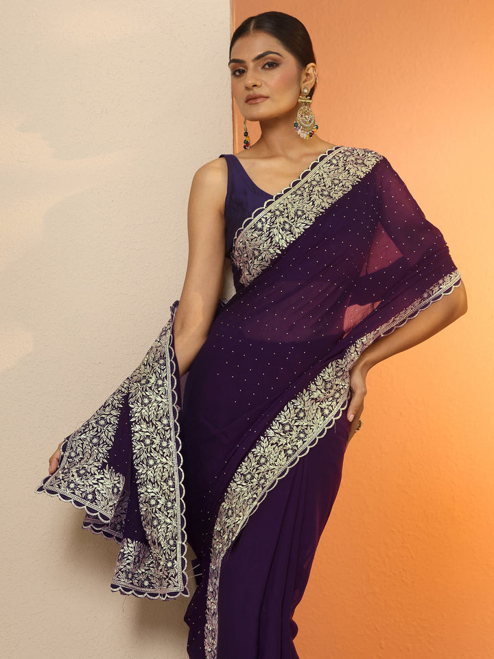 Burgundy Embellished Chinon Saree With Unstitched Blouse Piece