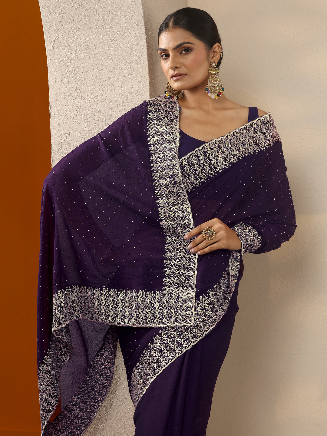 Burgundy Embellished Chinon Saree With Unstitched Blouse Piece