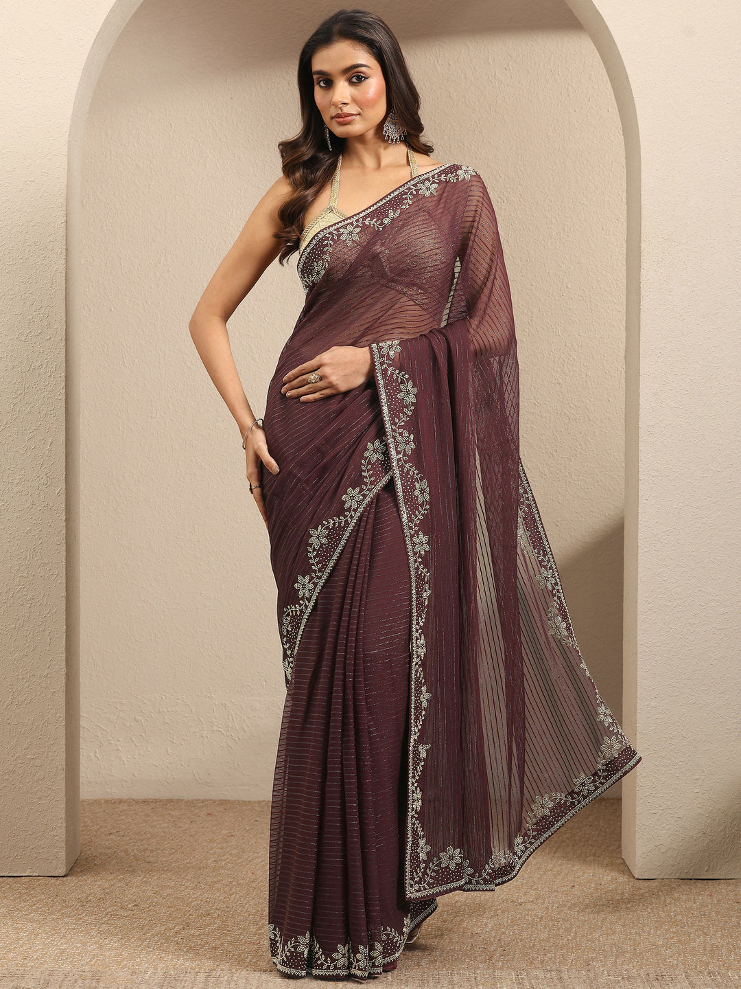 Burgundy Embellished Georgette Saree With Unstitched Blouse Piece