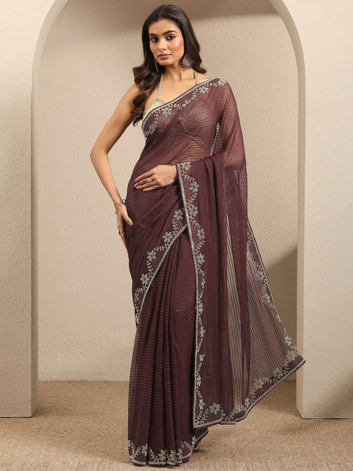Burgundy Embellished Georgette Saree With Unstitched Blouse Piece