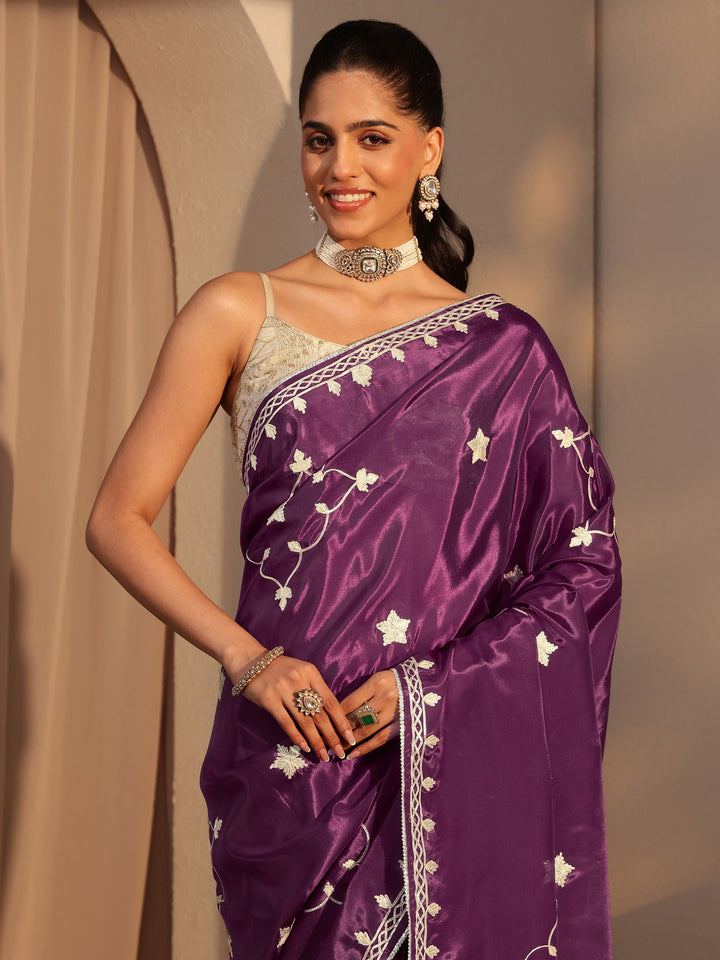 Libas Burgundy Embellished Satin Saree