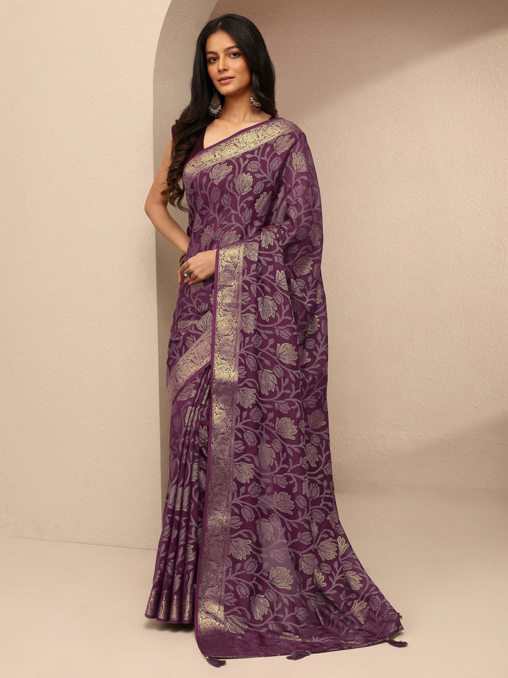 Burgundy Embellished Silk Blend Saree With Unstitched Blouse Piece