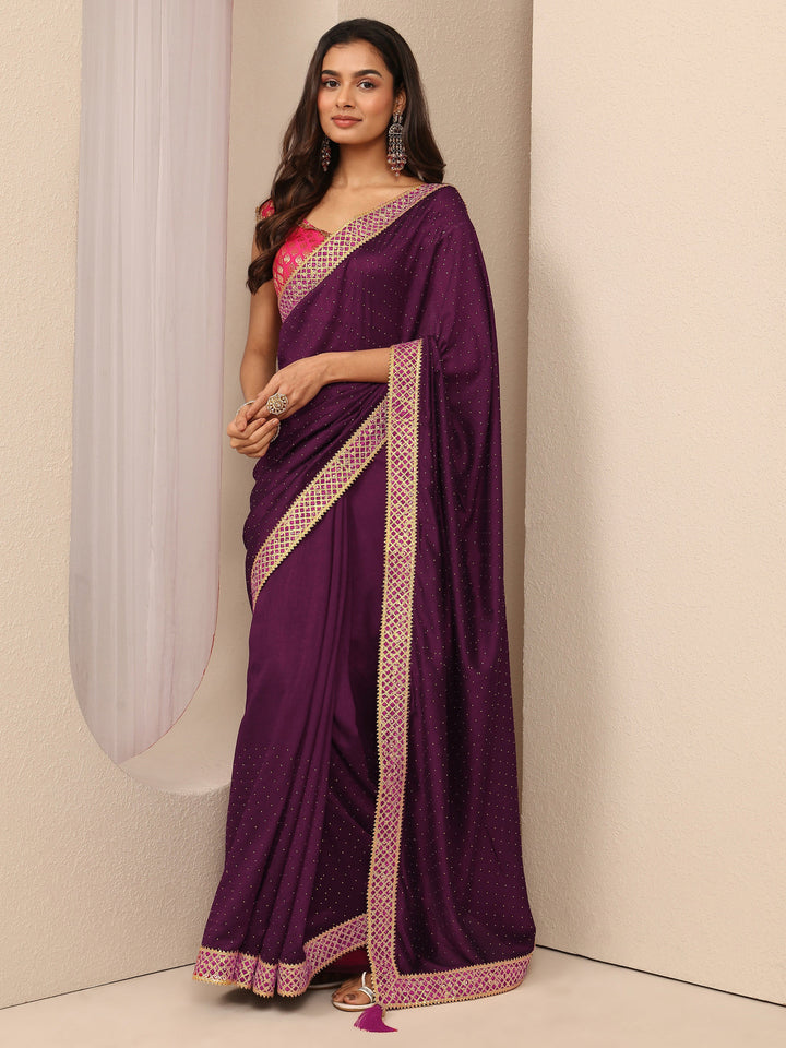 Burgundy Embellished Silk Blend Saree With Unstitched Blouse Piece
