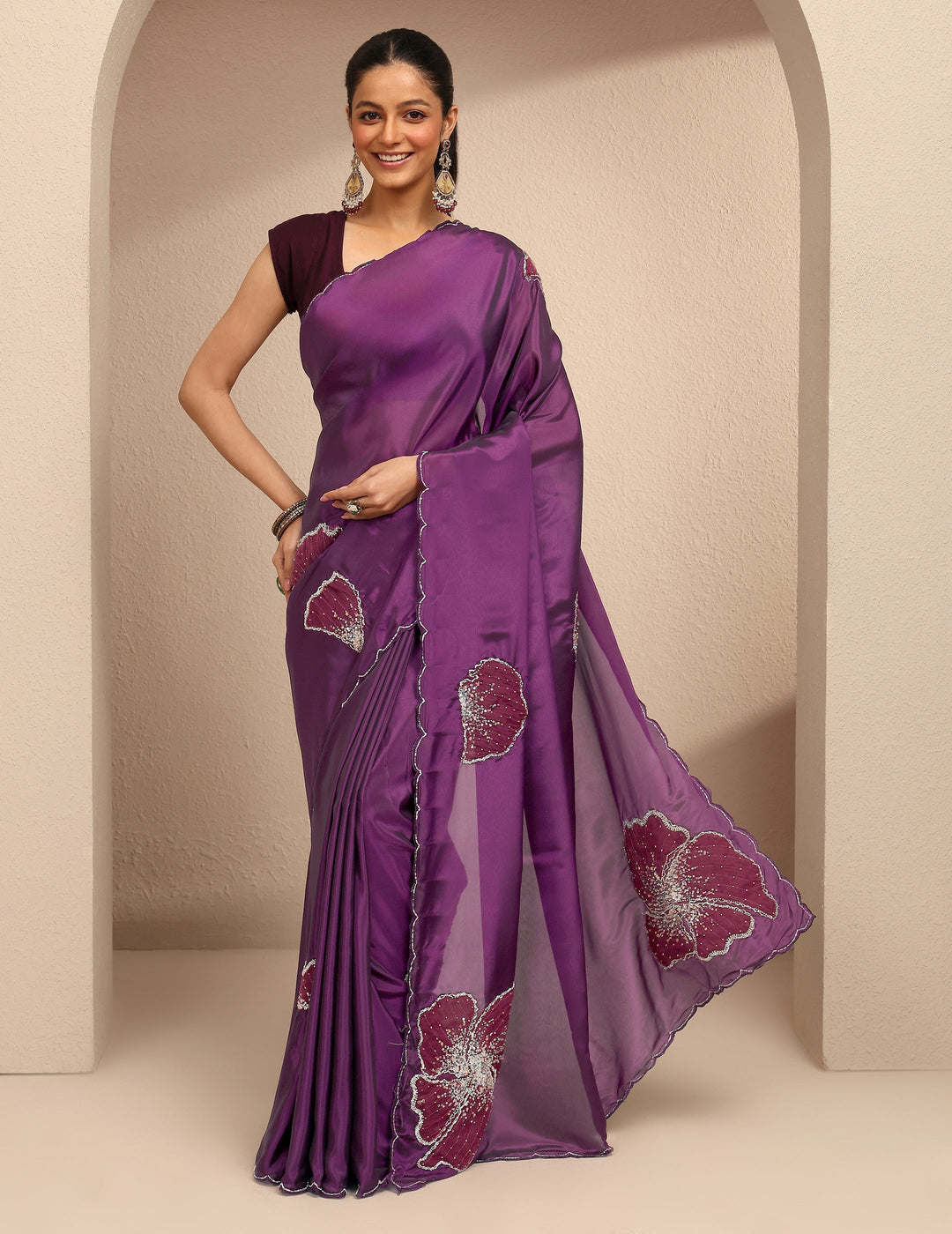 Burgundy Embellished Silk Blend Saree With Unstitched Blouse Piece