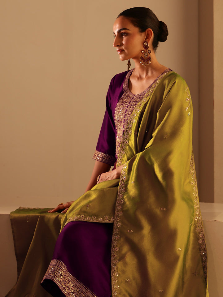 Libas Burgundy Embroidered Chanderi Silk Straight Suit Set