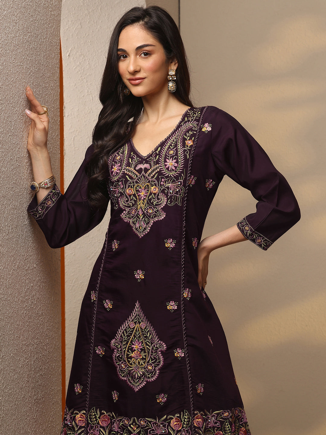 Burgundy Embroidered Silk Blend Co-Ord Sets