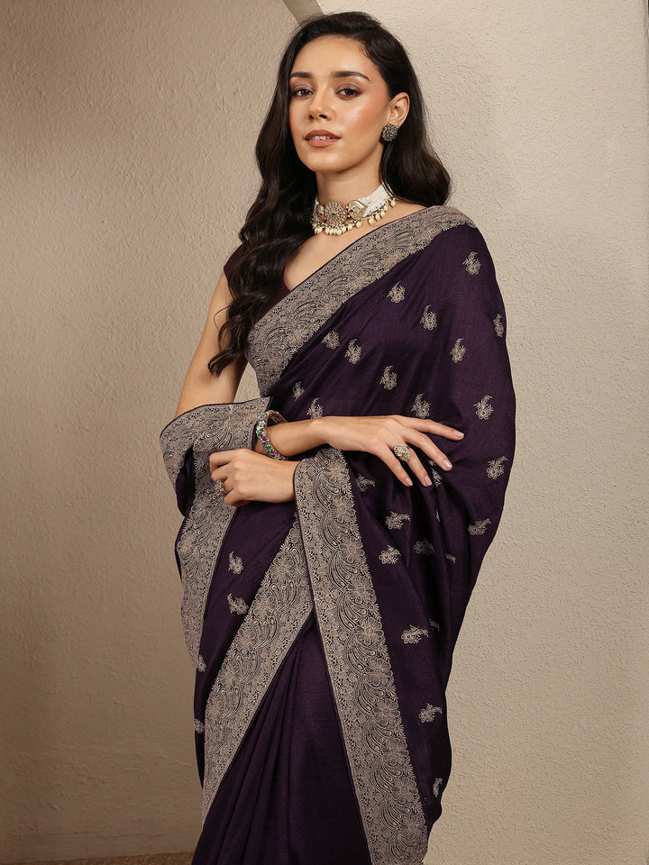 Burgundy Embroidered Silk Blend Saree With Unstitched Blouse Piece