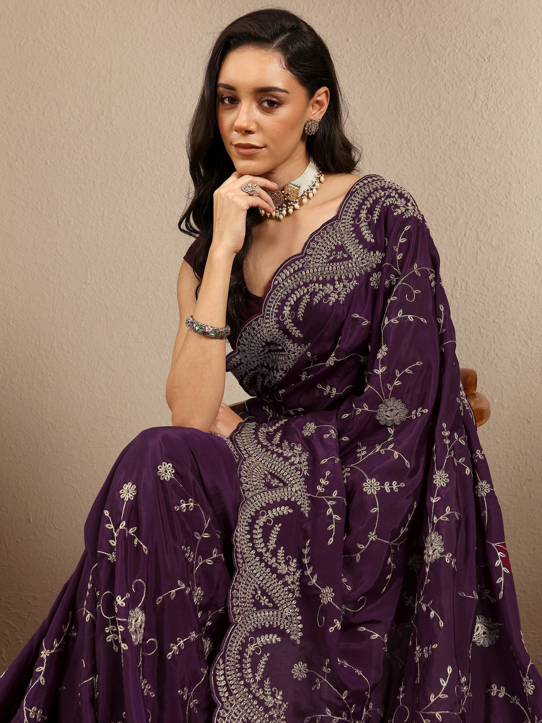 Burgundy Embroidered Silk Blend Saree With Unstitched Blouse Piece