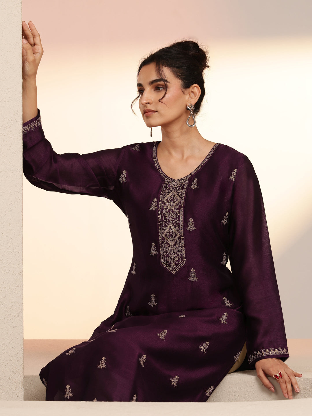 Libas Burgundy Ethnic Embroidered Silk Blend Straight Kurta