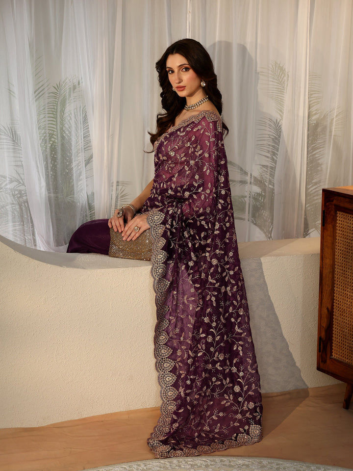 Libas Burgundy Floral Embellished Net Saree