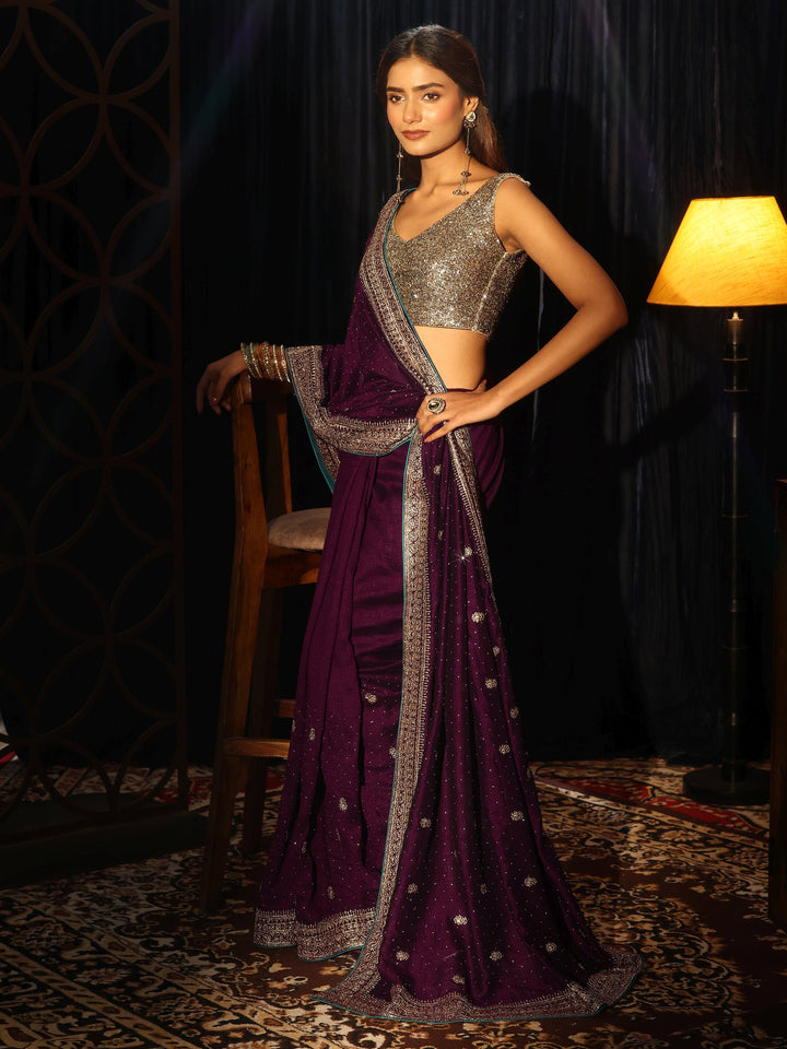 Libas Burgundy Floral Embellished Silk Blend Saree