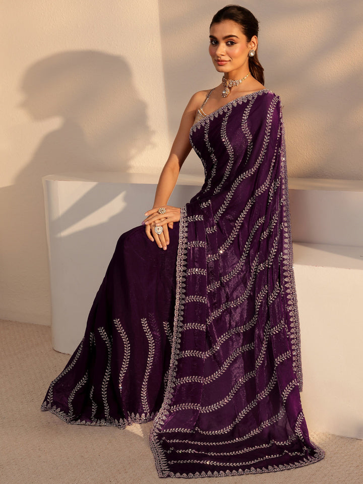 Burgundy Floral Embellished Tissue Saree