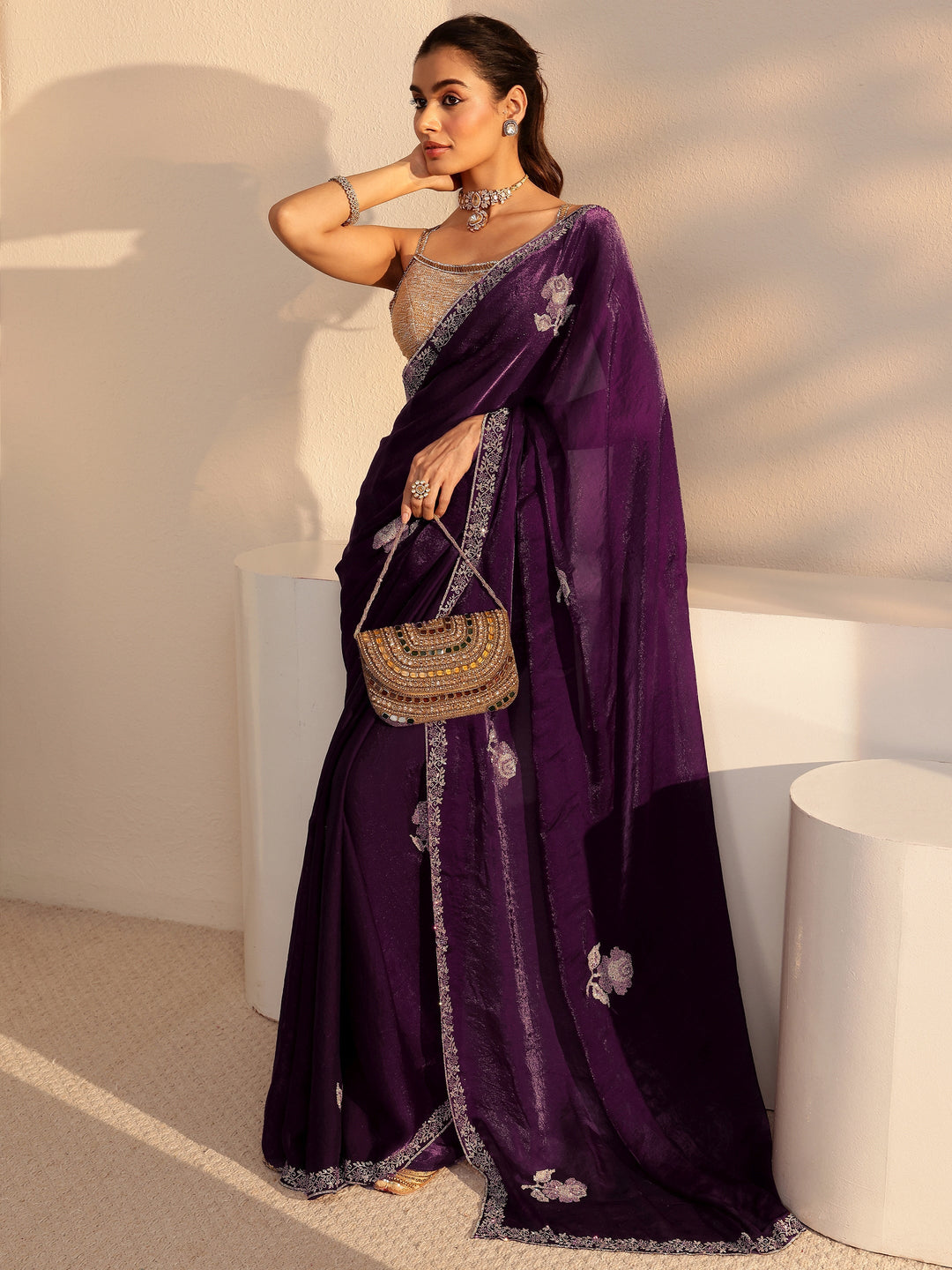 Burgundy Floral Embellished Tissue Saree