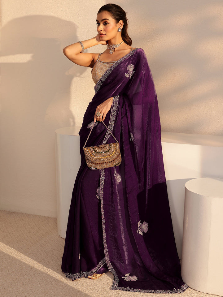 Libas Burgundy Floral Embellished Tissue Saree