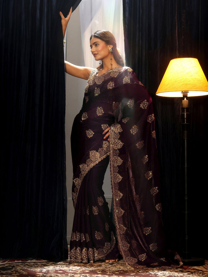 Libas Burgundy Floral Embellished Tissue Saree