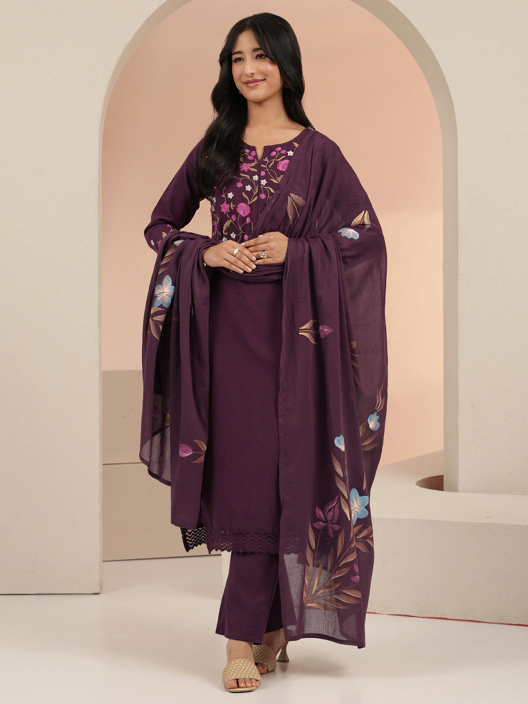 Libas Burgundy Floral Embroidered Cotton Straight Suit Set