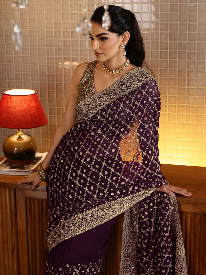 Libas Burgundy Floral Embroidered Georgette Saree