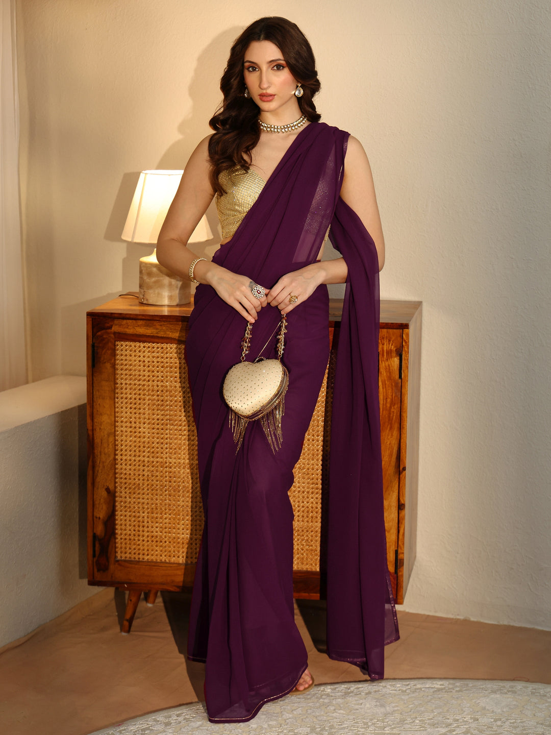 Libas Burgundy Georgette Pre Draped Saree
