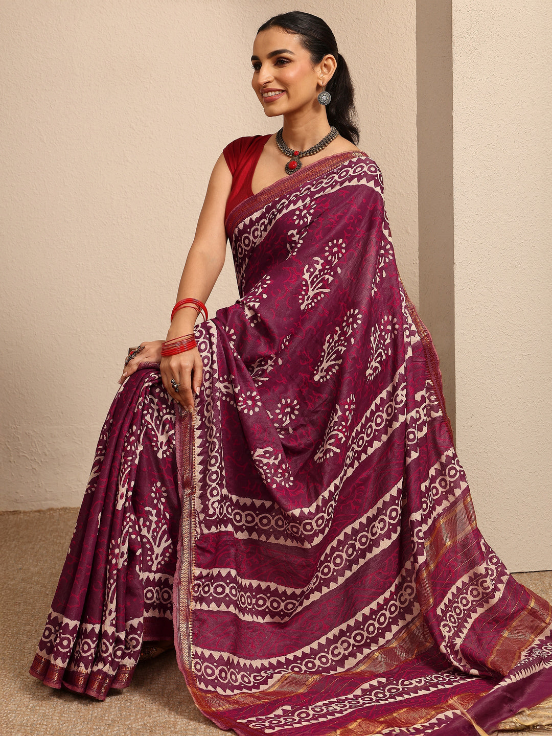 Burgundy Ikat Printed Cotton Saree With Unstitched Blouse Piece