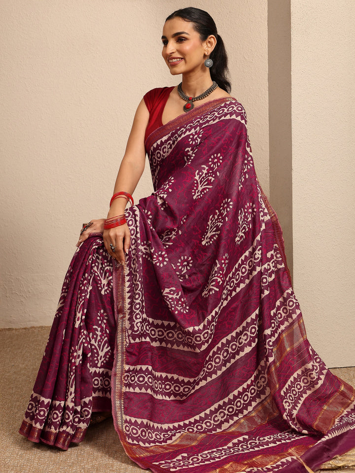 Burgundy Ikat Printed Cotton Saree With Unstitched Blouse Piece