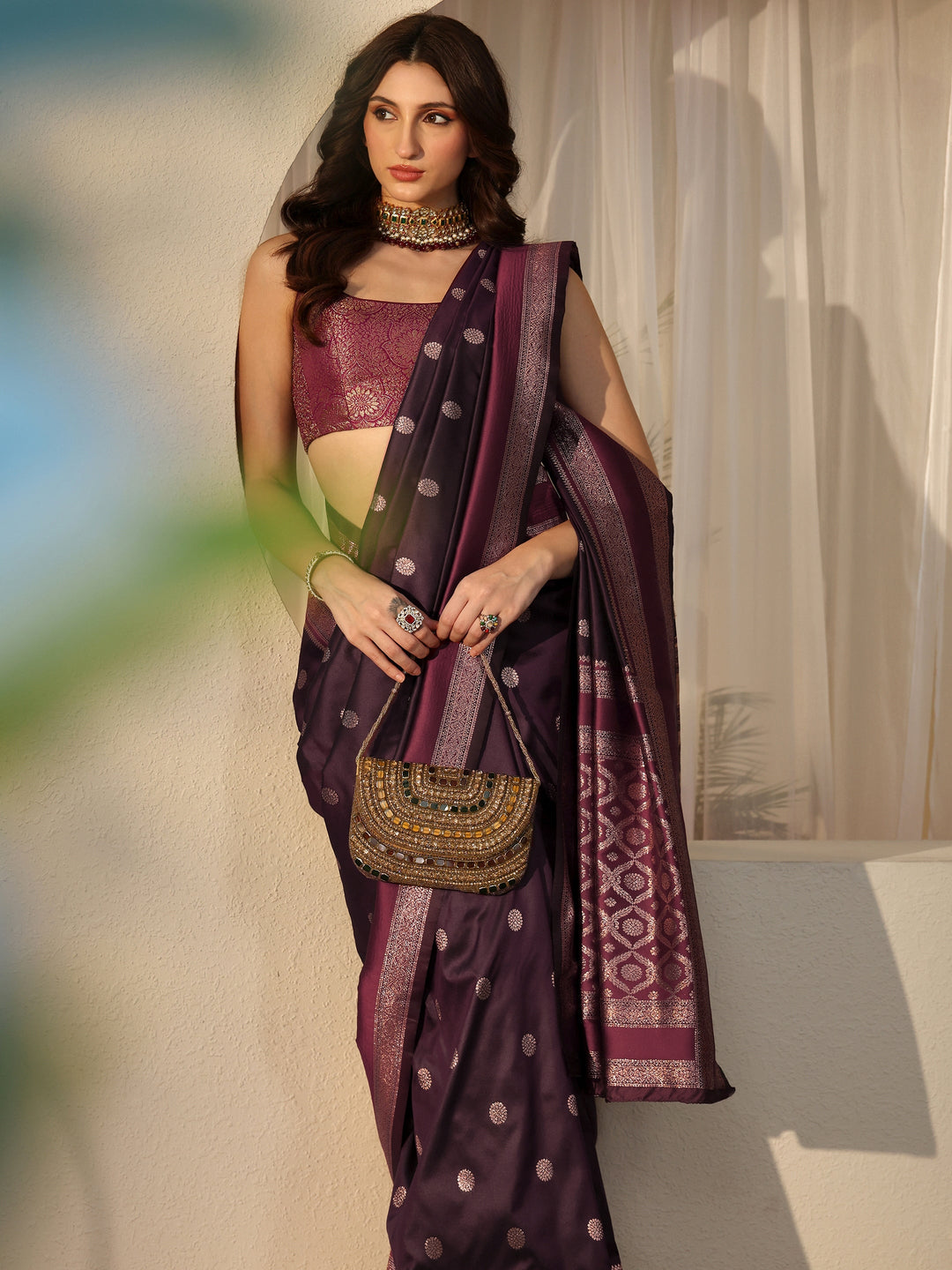 Libas Burgundy Kanjeevaram Silk Blend Saree
