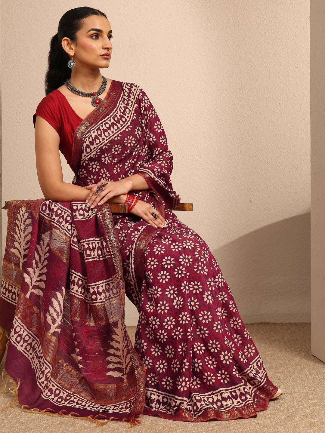 Burgundy Printed Cotton Bagru Saree With Unstitched Blouse Piece