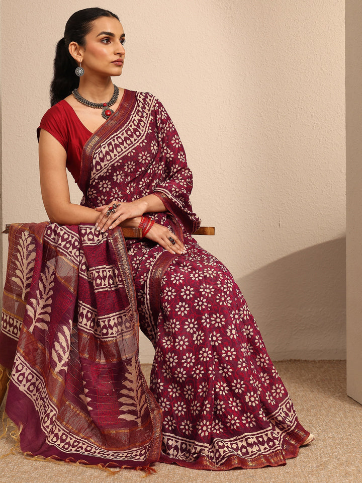 Burgundy Printed Cotton Bagru Saree With Unstitched Blouse Piece