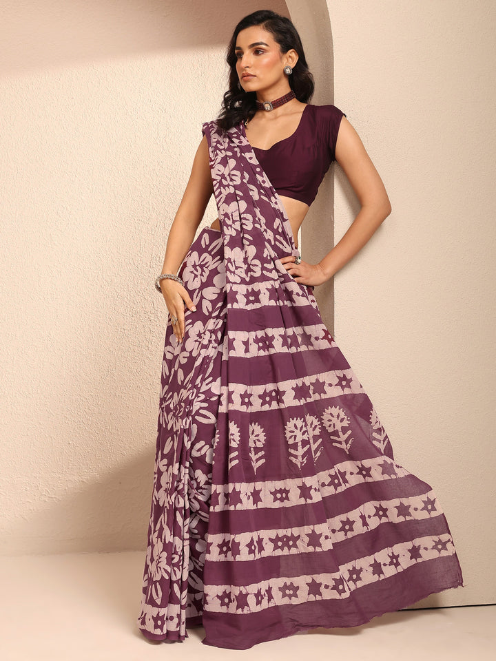Burgundy Printed Cotton Saree With Unstitched Blouse Piece