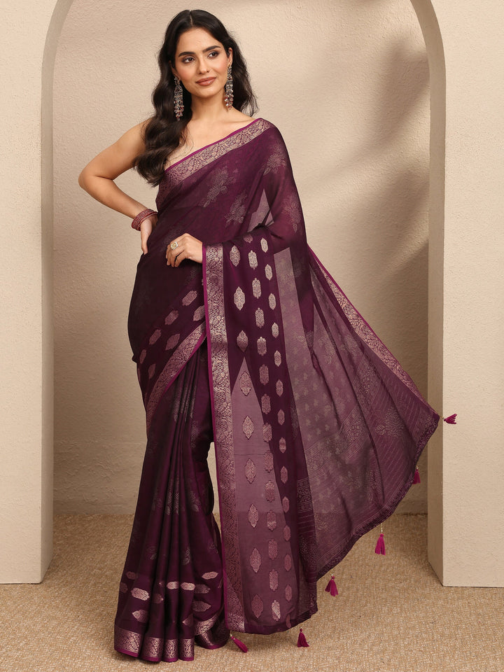 Burgundy Printed Georgette Saree With Unstitched Blouse Piece