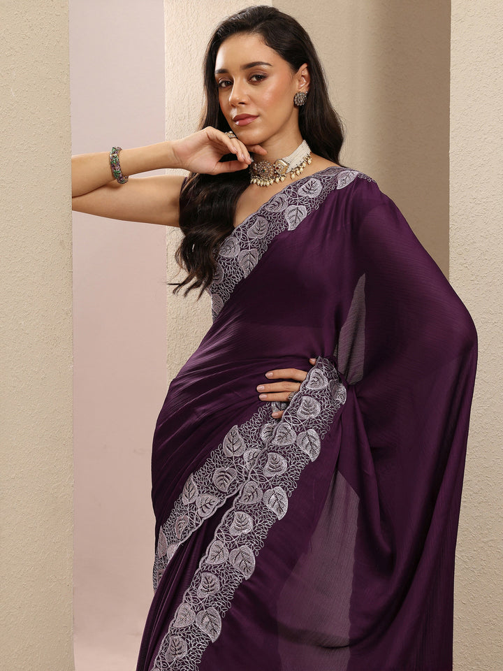 Burgundy Solid Silk Blend Saree With Unstitched Blouse Piece