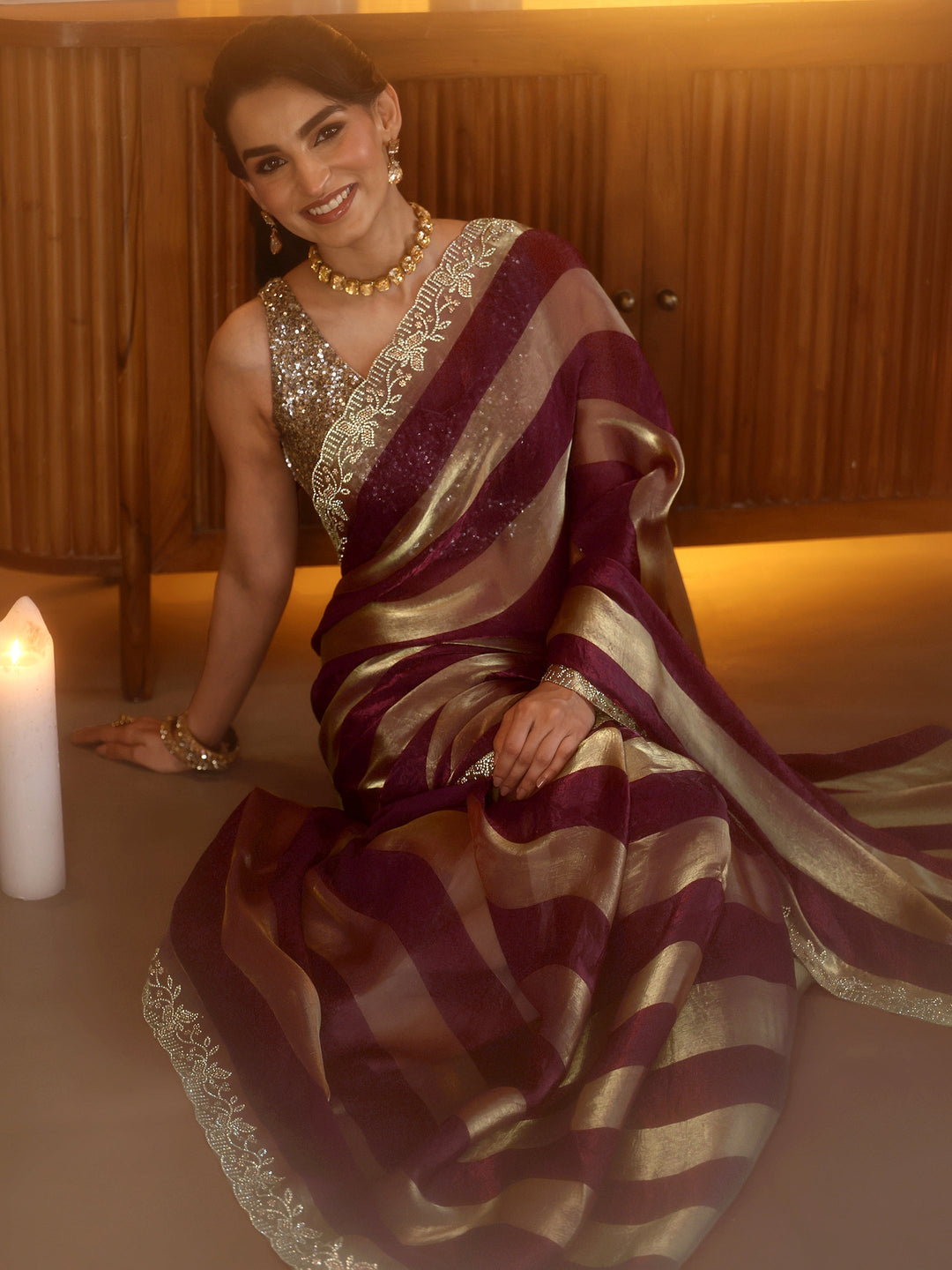 Burgundy Striped Silk Blend Saree