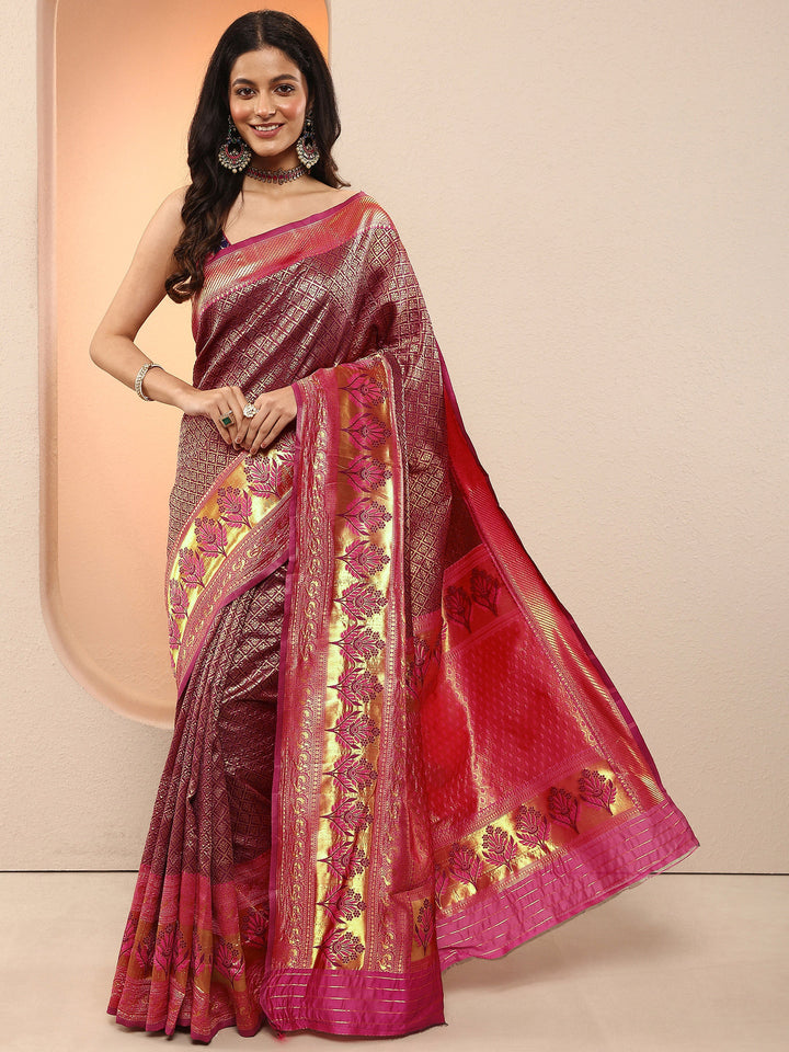 Burgundy Woven Design Silk Blend Sarees With Unstitched Blouse Piece