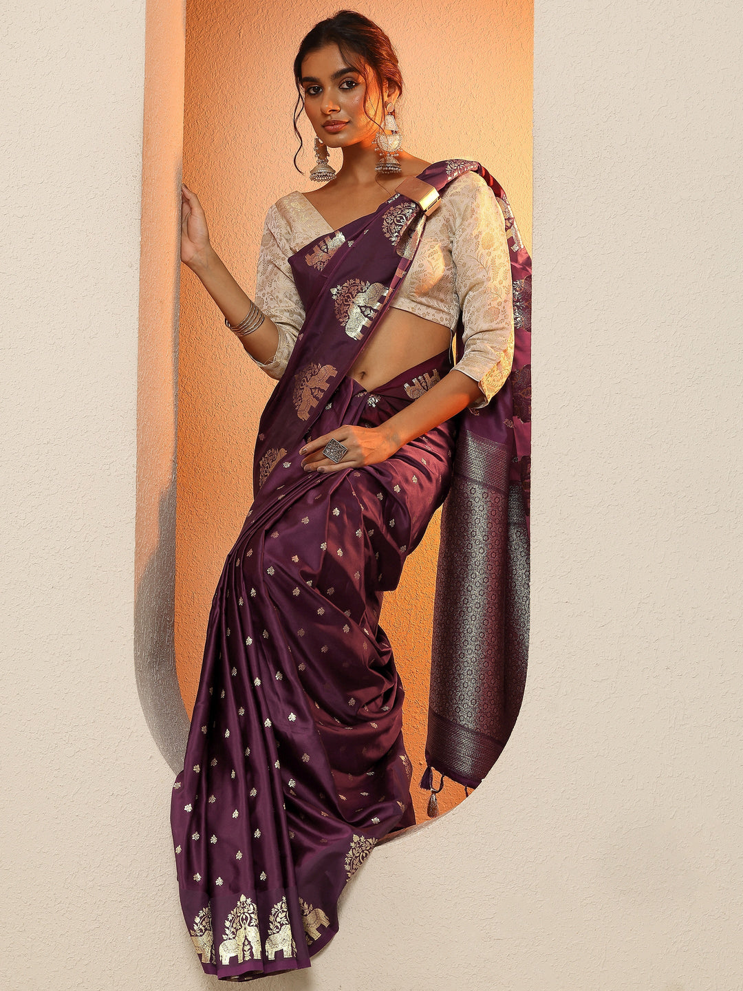 Burgundy Woven Design Silk Blend Sarees With Unstitched Blouse Piece
