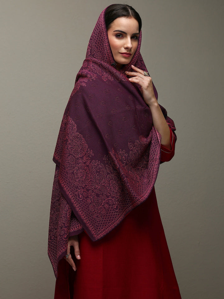 Burgundy Woven Design Wool Wrap Shawl 